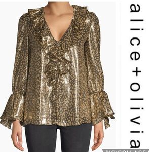 Alice + Olivia Metallic Gold Animal-Print Ruffle Blouse